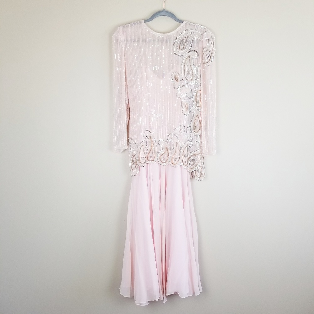 Vintage Beaded Sequin Long Sleeve Pink Dress
